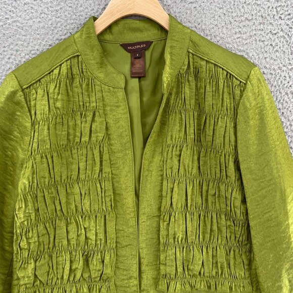 Multiples Jacket Small Green Shimmer Smocked Open Front Pockets Office Career - Picture 2 of 11